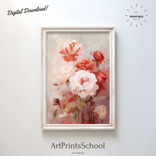 Neutral Still Life Roses Painting | PRINTABLE | Vintage Botanical Print | Farmhouse Decor Digital | Digital Wall Art, Roses Print, Download