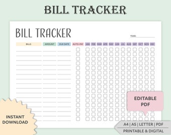 Editable Bill Tracker Printable: Monthly Payment Log (A4, A5, Letter PDF)