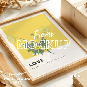 Stilvolles Liegerahmen Mockup, Rahmen Mockup, Flat Lay DIN A A4 | PSD Mockup | Nahaufnahme Rahmen Mockup Druck & Poster Mockup für digitale Wandkunst