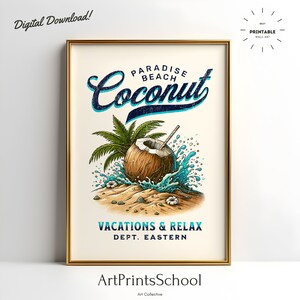 Paradise Beach Coconut, afdrukbare muurkunst Coconut Wall Art Coconut Girl Decor Wall Art Trendy Coastal Wall Art Coconut Tree Art Beach House