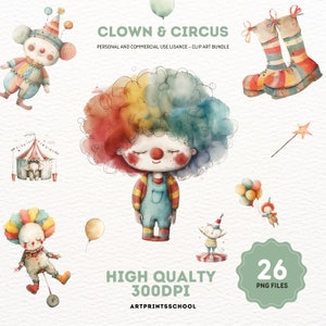 Imágenes Prediseñadas de payaso lindo, imágenes prediseñadas de acuarela, arte temático de circo, tema de fiesta de cumpleaños, imágenes prediseñadas de carnaval, decoración de la habitación de los niños, decoración de la fiesta de los niños