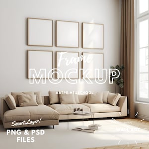 6 Frames Gallery Set Mockup, Wall Frame Mockup Set of 6, Printable Wall Art Mockup, Gallery Poster Set Mockup, Soft Light Modern Mockup, PSD