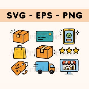Online Shop eigenaar Svg Clipart Set | SVG-, EPS-, PNG-bestanden | Kleurrijke e-commerce-elementen in doodle-stijl voor gebruik in kleine bedrijven