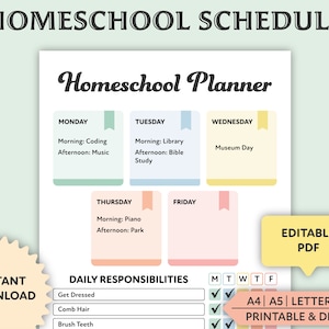 Editable Homeschool Planner, Printable, Homeschool Schedule, Weekly Planner, Homeschool Chart, Daily Routine, PDF image 1