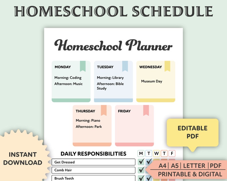 Editable Homeschool Planner, Printable, Homeschool Schedule, Weekly Planner, Homeschool Chart, Daily Routine, PDF image 1