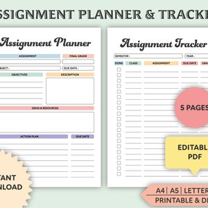 Editable Assignment Planner: Student Homework Tracker (Printable/Digital)