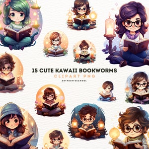 Cute Kawaii Bookworm Clipart Bundle, 15 Magical Enchanting Book Illustrations, Cute Storybook, PNG, Instant Digital Download, Commercial Use