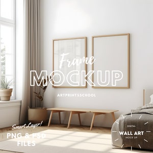 Two Frame Mockup | Vertical Frame Mockup Photoshop | Wood Frame PSD Template | Wall Art Frame Mockup with Chair and Plants, Digital