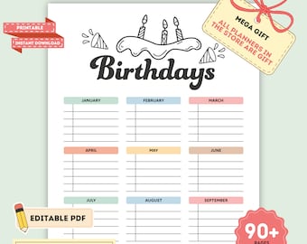 Birthday Calendar, Printable, Editable Birthday Chart, Birthday Tracker, Birthday Reminder, Birthday List, Birthday Template, Digital