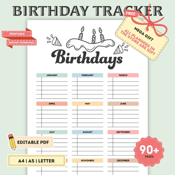 Birthday Calendar, Printable, Editable Birthday Chart, Birthday Tracker, Birthday Reminder, Birthday List, Birthday Template, Digital