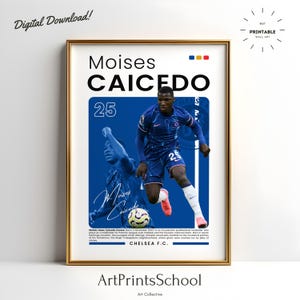 May include: A framed digital print featuring soccer player Moises Caicedo in a blue Chelsea F.C. uniform. The print includes the player's name, number 25, and the text "CHELSEA F.C.". The words "Digital Download!" and "BEST PRINTABLE WALL ART" are also visible.
