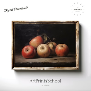 Dark Rustic Apple Oil Painting | Vintage French Still Life | Kitchen Print | PRINTABLE Digital Art | ArtPrintsSchool | Moody Fruit Painting