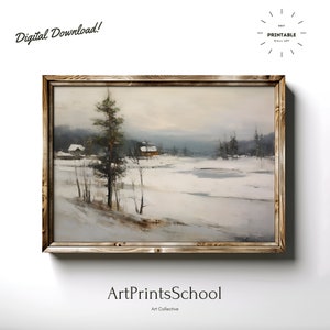 Sfeervolle winterlandschapskunst: rustiek vakantiedecor (digitale download)