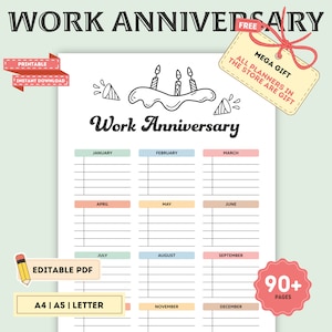 Editable Work Anniversary Tracker: Printable Employee Calendar (Digital)