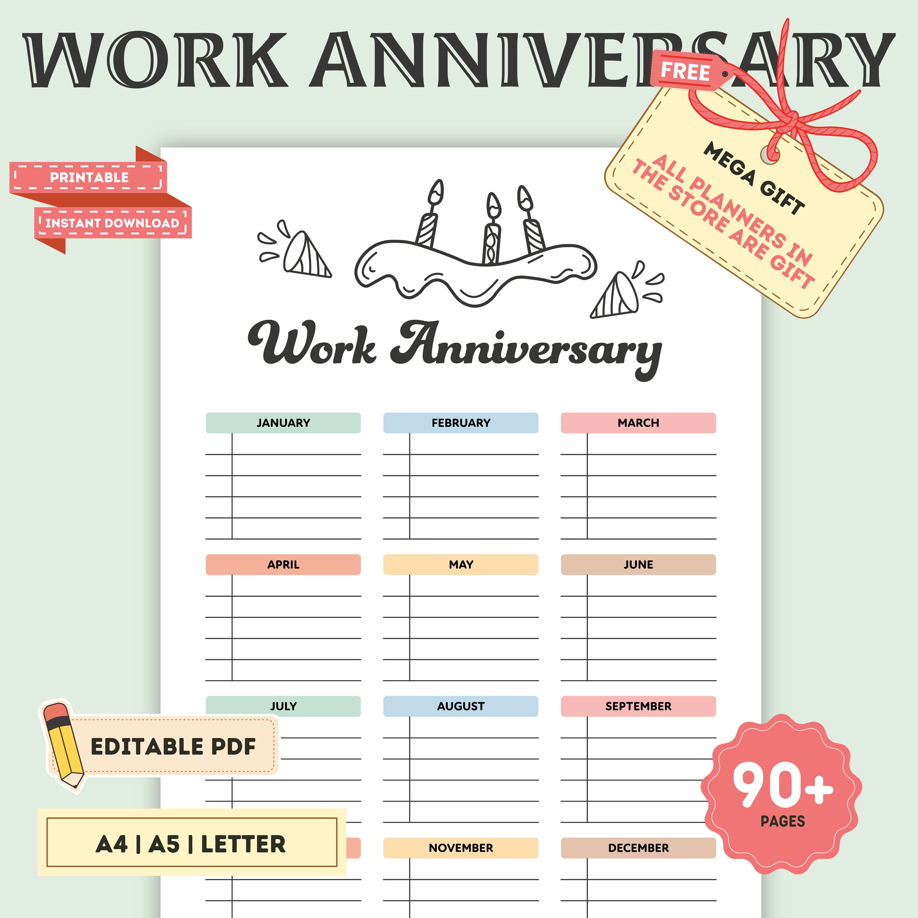 Editable Work Anniversary Tracker: Printable Employee Calendar (Digital)