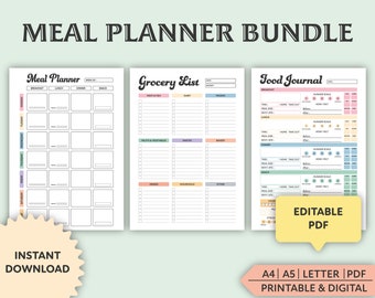 Editable Meal Planner Bundle, Grocery List, Printable, Daily Food Journal, Meal Prep, Grocery List Template, Weekly Meal Planner