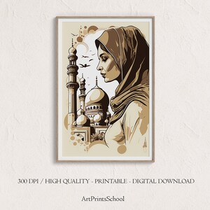 Arte de mulher muçulmana e mesquita, arte de parede islâmica, decoração de casa, presentes islâmicos, arte de pôster islâmico, arte digital, para impressão