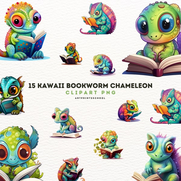 Kawaii Chameleon Clipart - 15 Bookworm Chameleon Digital Download PNG, Commercial Use, Chameleon PNG, woodland animal png Digital Art