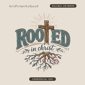 May include: A digital graphic design featuring the text ROOTED in christ with a wooden cross replacing the letter T. The design includes intricate brown roots at the base, blue lettering, and sunburst rays above the cross on a light beige background.