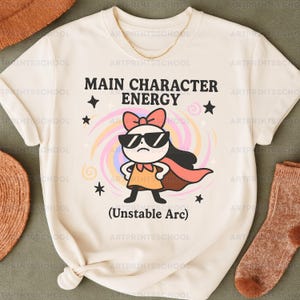 PERSONAGEM PRINCIPAL ENERGIA png – Garota de desenho animado com óculos de sol e capa, design de arco instável, png moderno, camiseta png, adesivo, arte de sublimação