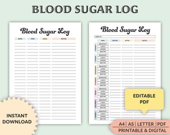 Editable Blood Sugar Log, Printable, Blood Sugar Reading Tracker,  Type 2 Diabetes Journal, Diabetes, Blood Glucose Tracker, Diabetic Log