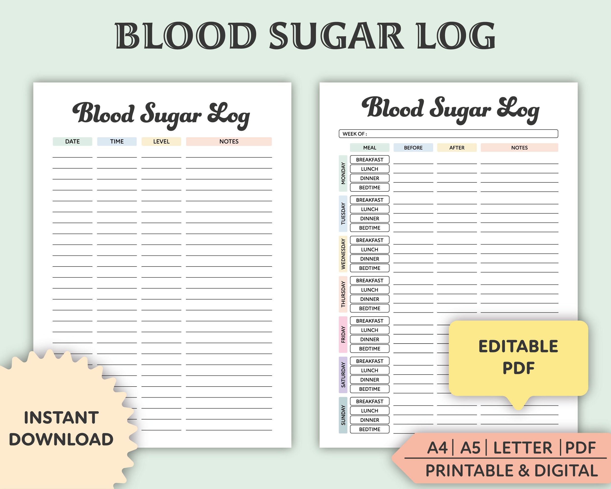 Editable Blood Sugar Log, Printable, Blood Sugar Reading Tracker,  Type 2 Diabetes Journal, Diabetes, Blood Glucose Tracker, Diabetic Log