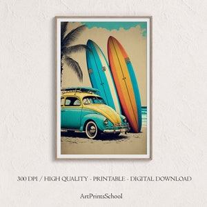 Surfboards Beach Print: Retro VW Bug, Hawaii Coastal Art (Digital Download)