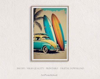 Printable Surfboards Wall Art, Surfboard on the beach High Quality Print, Hawaii Printable Poster, Palm tree Digital Print, Coastal Poster