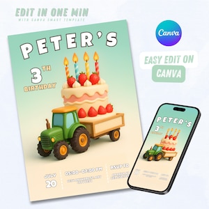Convite de aniversário com trator verde 3D – Modelo Canva com trailer de bolo de morango e área de texto lateral editável – Download digital para crianças