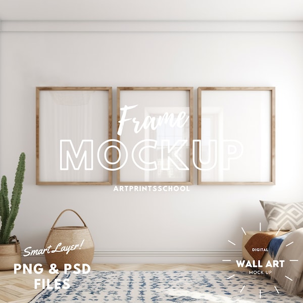 3 Frame mockup, Interior mockup, Three white frames mockup, Luxury mockup, Wall art mockup, 3 poster mockup, Gallery wall mock up, PSD