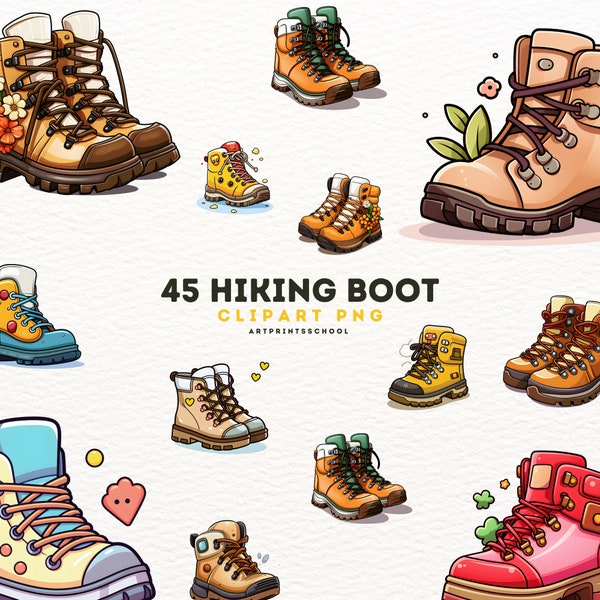 Hiking Boot Clipart | 45 High Quality PNG Illustration Clipart Prints, Mixed Media Hiking Boot Illustration Prints Sublimation Hikers Art