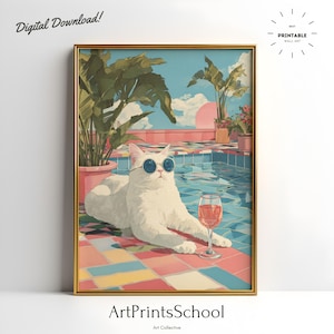 Könnte beinhalten: Ein gerahmter Kunstdruck mit einer weißen Katze mit Sonnenbrille, die an einem Pool mit einem Glas Wein entspannt. Das Kunstwerk hat eine Retro-Ästhetik mit einer rosa und blauen Farbpalette und dem Text "Digital Download!" oben.