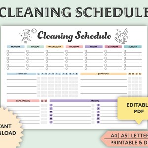 Editable Cleaning Schedule, Printable, Weekly Cleaning Planner - Etsy