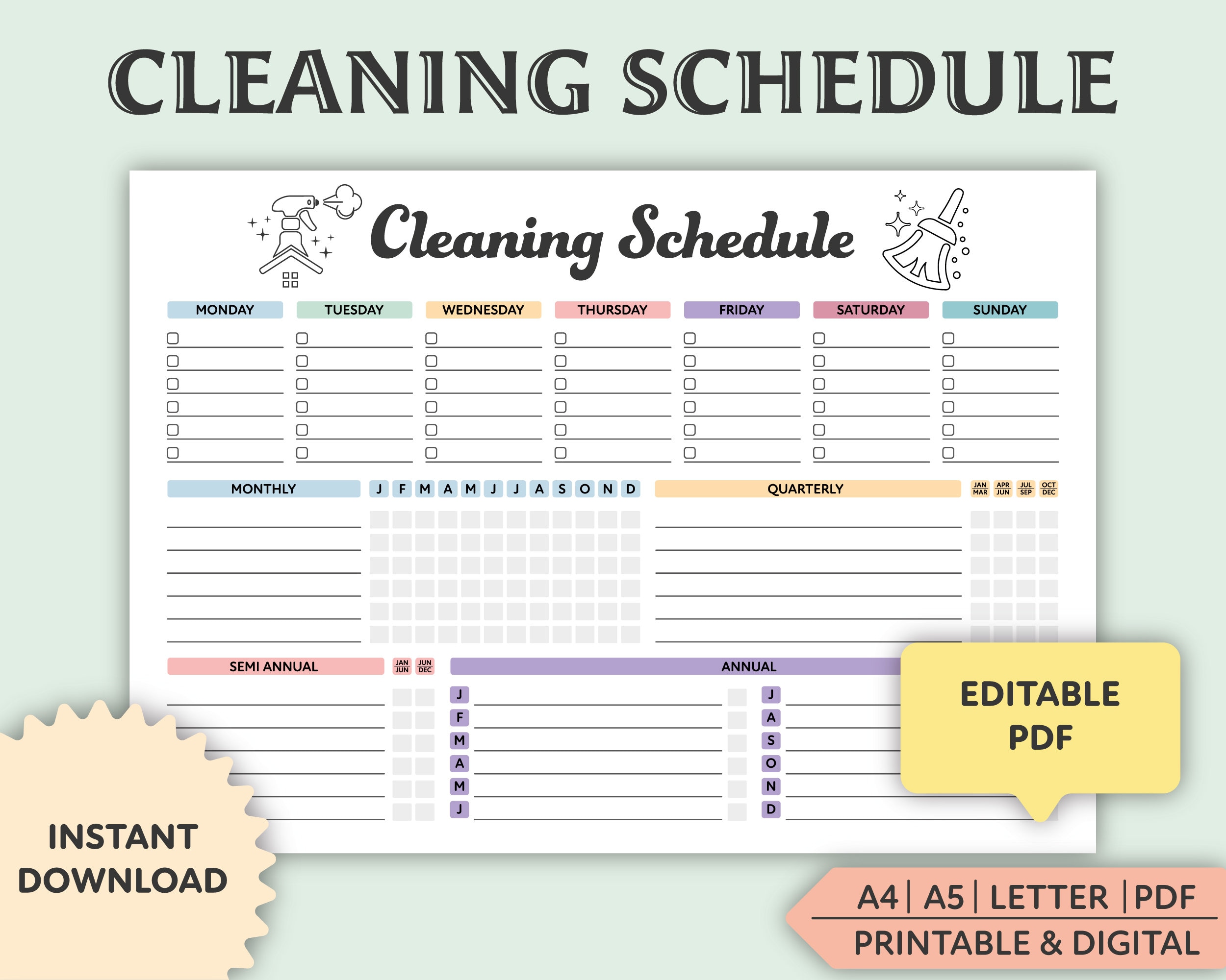 Editable Cleaning Schedule, Printable, Weekly Cleaning Planner - Etsy