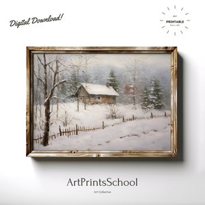 Winter Cabin Vintage Painting | Rustic Holiday Decor Poster Wall Art PRINTABLE | Digital Download | ArtPrintsSchool | Digital Art