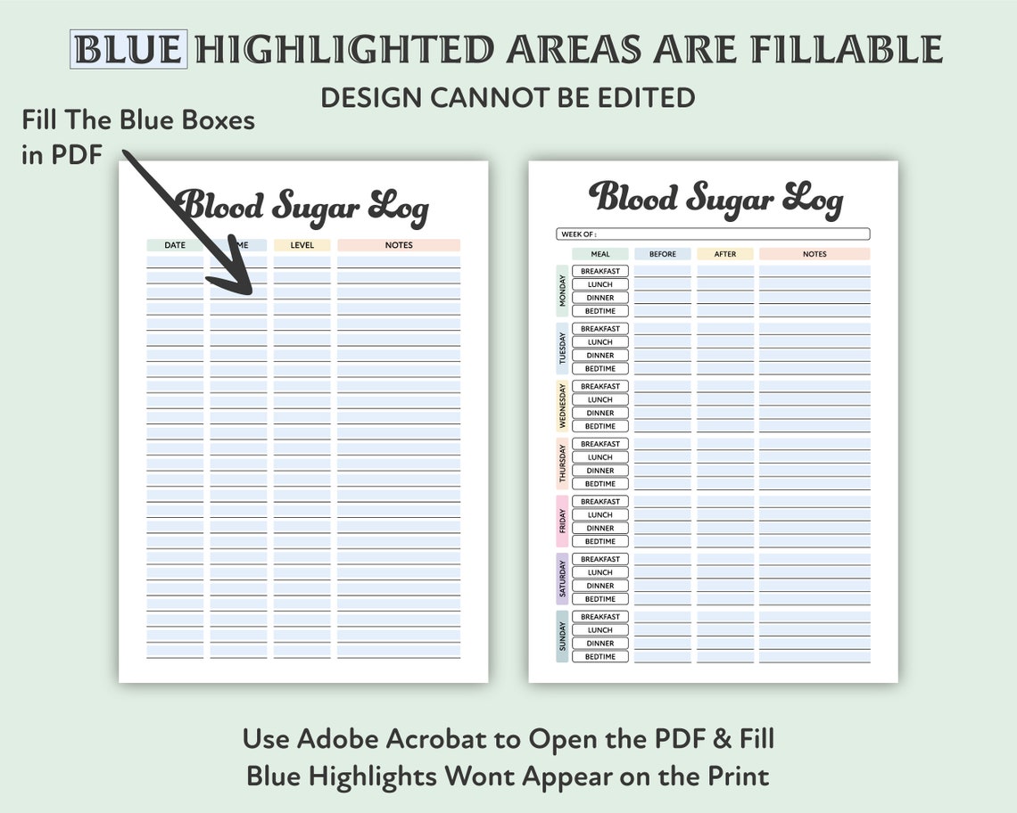 Editable Blood Sugar Log Printable Blood Sugar Reading - Etsy