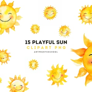 Playful Sun Clipart, Watercolor digital Sun clip art, Commercial Use, Instant Download, Hand drawn sun, Summer, Watercolor Clip Art, PNG