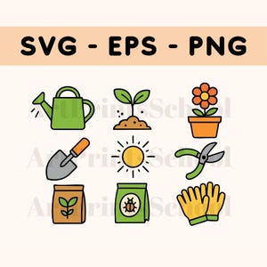 May include: Nine colorful icons depicting gardening tools and supplies, including a watering can, a shovel, a sun, a pair of pruning shears, a potted flower, a seedling, a bag of seeds, and a bag of fertilizer.