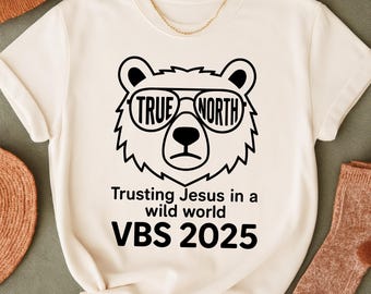 True North VBS 2025 PNG, Christian Vacation Bible School Shirt Design, Trusting Jesus Wilderness Theme, Faith Summer Camp Sticker