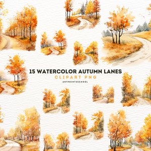Autumn Lanes Clipart: 15 Watercolor PNG Images for Scrapbooking (Digital Download)