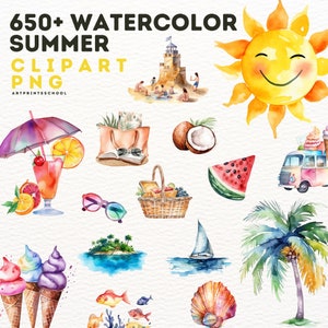 Sommer Clipart - Aquarell 650+ Saisonale Cliparts - Sofortiger Download - Aquarell Sommer Clipart - Sonne - Flip Flops - Eis am Stiel - Urlaub