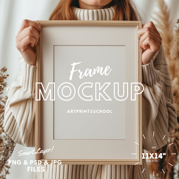 Frame Mat Mockup With Person, 11x14 Ratio Wood Frame Mockup, Wall Art Mockup, Poster Mockup, Digital Frame Mockup, Frame Mockup Psd, Digital