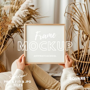 Square Frame Mockup, with person Wood Frame Mockup, Wall Art Mockup, Minimalist Mockup, Interior Mockup Psd Frame Mockup Simple Frame Mockup