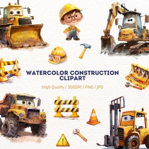 Imágenes prediseñadas de construcción de acuarela, vehículos de construcción, camiones de construcción png, imágenes prediseñadas de excavadora, imágenes prediseñadas de camión volquete, descarga digital