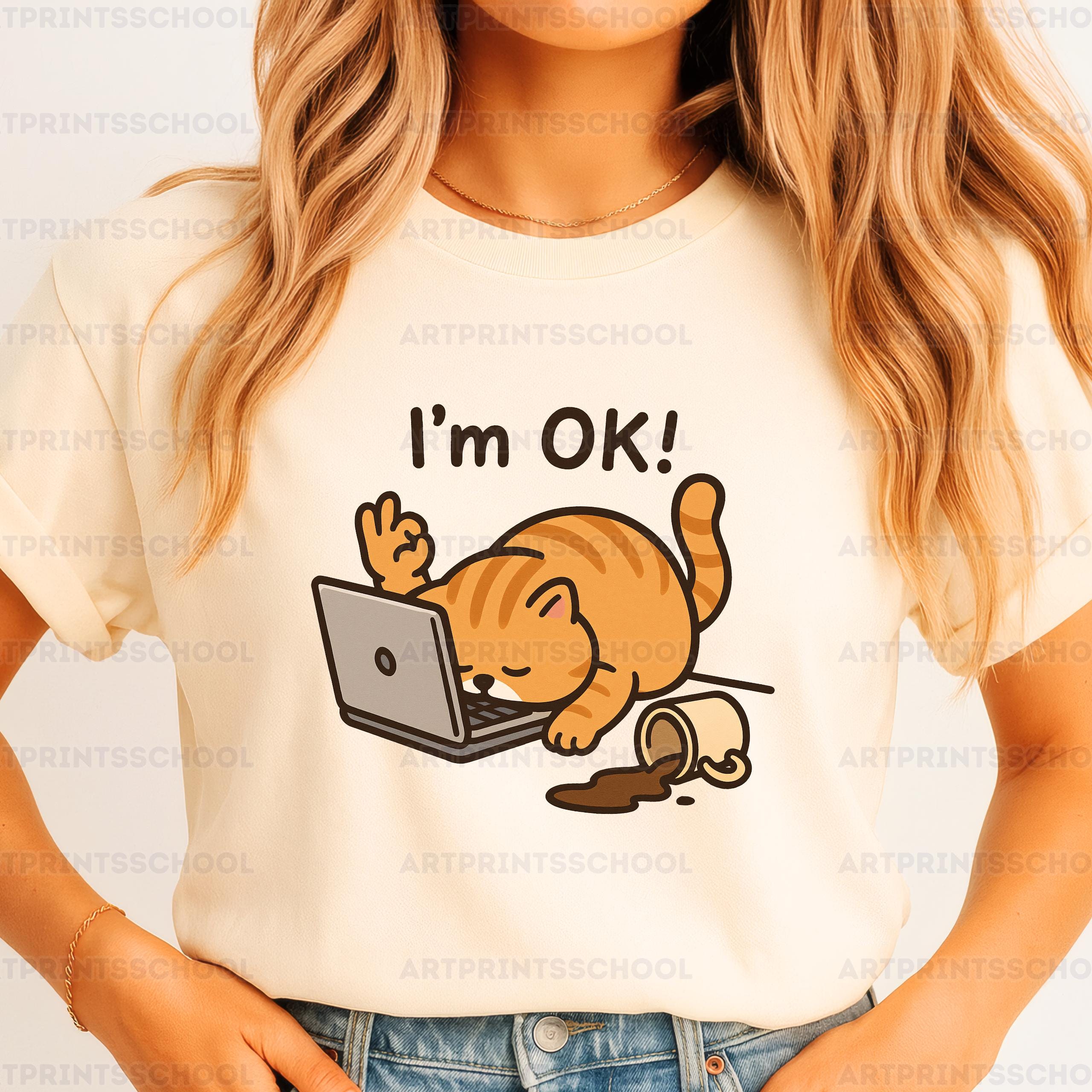 I'm OK Cat PNG – Funny Coffee Spill Work T-Shirt Design, Cute Overworked Cat Sticker, Trendy Png, Sublimation Design, WFH Exhausted Art
