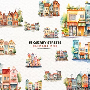 Quirky Street Clipart - 15 Watercolor High Quality PNGs, Digital Download, Card Making, Clipart, Digital Paper Craft, Junk Journal