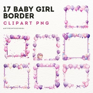 Baby Girl Borders and Frames Clipart Bundle de 17 - Globos rosas y morados Border Clipart Acuarela Descarga digital PNG - Uso comercial