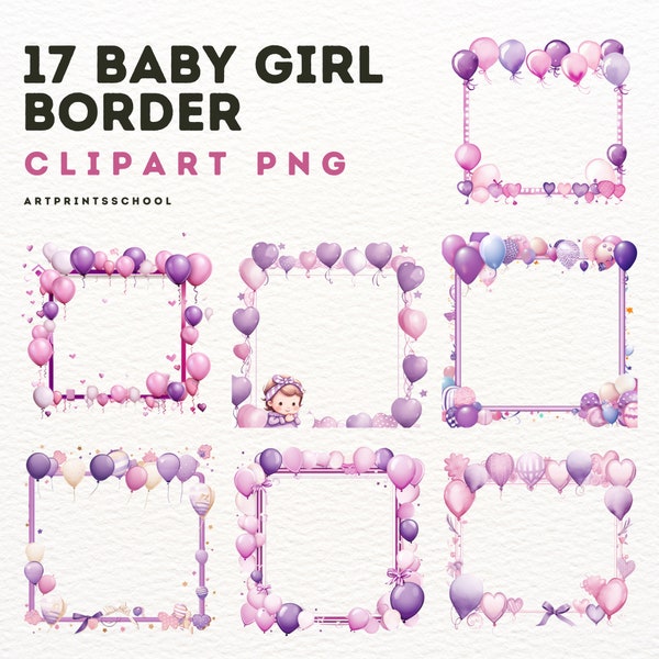 Baby Girl Borders and Frames Clipart Bundle of 17 - Pink and Purple Balloons Border Clipart Watercolor Digital Download PNG - Commercial Use