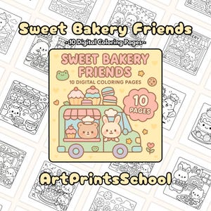 May include: A set of 10 digital coloring pages featuring cute bakery friends. The cover shows a yellow truck with a green roof and a bear and rabbit wearing chef hats. The truck is decorated with hearts, stars, and cookies. The title "Sweet Bakery Friends" is written in pink and white letters.