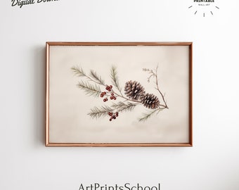 Winter Berry Branch, Botanical PRINTABLE Art | Rustic Holiday Country Decor Digital Download | ArtPrintsSchool | Vintage Christmas Print